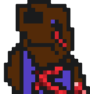 a pixel art drawing of a brown bear with a red and blue checkered shirt