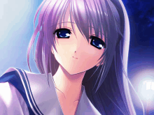 a girl with purple hair and blue eyes is wearing a school uniform