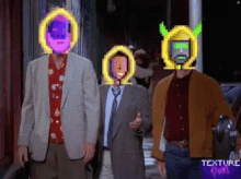 three men are walking down a street with pixelated faces on them .