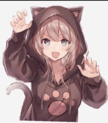 a girl in a cat hoodie is waving