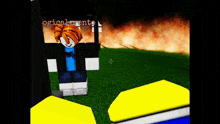 a roblox character is standing in front of a fire