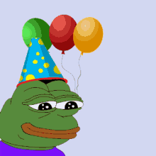 a frog wearing a party hat is holding balloons