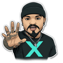 a cartoon drawing of a man wearing a black shirt with a blue x on it