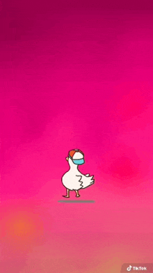 a cartoon duck wearing a mask and a hat on a pink background