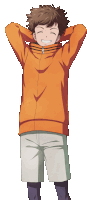 a boy with his hands behind his head is wearing an orange jacket and shorts