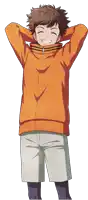 a boy with his hands behind his head is wearing an orange jacket and shorts