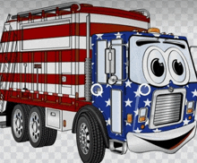 a red white and blue truck with a smiley face