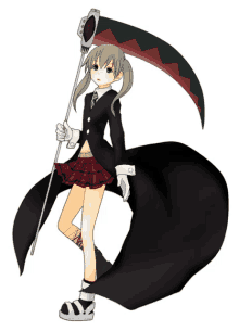 a girl in a plaid skirt is holding a scythe in her hand