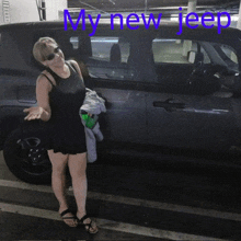 a woman is standing in front of a jeep with the words my new jeep written above her