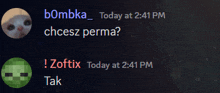 a screenshot of a conversation between bombka and zoftix