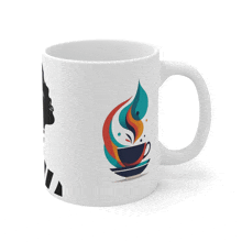 a white mug with a cup of coffee and a flame on it