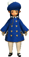 a little girl in a blue coat and hat