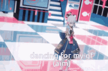 a girl in a blue dress is dancing on a checkered floor with the words dancing for my gf aim .