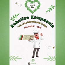 an advertisement for roheline kampaania shows a chef holding a box of pizza