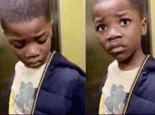two pictures of a young boy in an elevator making a funny face .