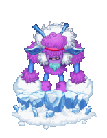 a cartoon character with purple hair and blue arms is standing on ice