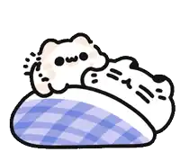 a cartoon drawing of a cat laying on a bed with a spoon in its mouth