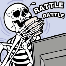 a cartoon of a skeleton eating a sandwich with the words rattle rattle behind it