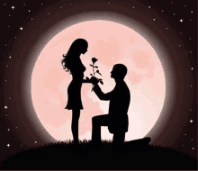 a man is kneeling down and giving a woman a rose in front of the moon .