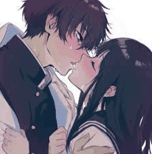 a boy and a girl are kissing each other in a school uniform .