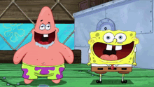 patrick and spongebob are standing next to each other and smiling
