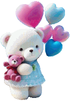 a teddy bear is holding a smaller teddy bear and balloons in the shape of hearts