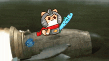 a cartoon cat is flying on a rocket holding a blue fish