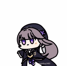 a drawing of a girl with purple eyes and a purple bow