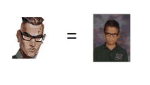 a drawing of a man with glasses next to a picture of a young boy wearing glasses