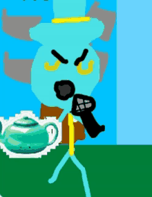 a cartoon character is singing into a microphone with a teapot in the background