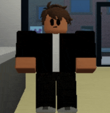 a cartoon character in a black shirt and black pants is standing in front of a window