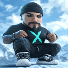 a cartoon character with a beard wearing a black shirt with an x on it