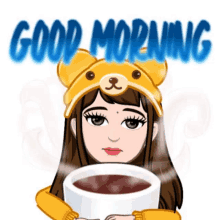 a cartoon girl wearing a teddy bear hat is holding a cup of hot coffee .