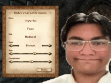 a man wearing glasses stands in front of a screen that says enter character name