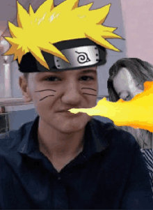 a young man wearing a naruto headband with a flame coming out of his mouth