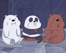 three bears are sitting next to each other and eating food from bowls