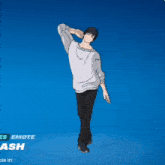a man in a white sweater and black pants is standing in front of a blue background that says emote ash