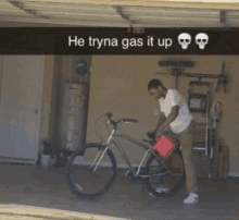 a man pumping gas into a bicycle in a garage