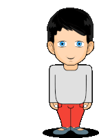 a cartoon boy with blue eyes and black hair