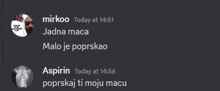 a screenshot of a discord conversation with mirkoo and aspirin