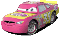 a pink and yellow car with the number 35 on it