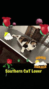 a calico cat is laying on a table with flowers and the words good morning southern cat lover