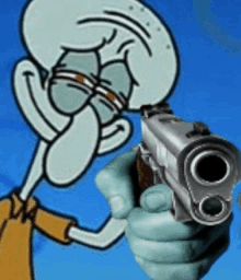 squidward from spongebob is pointing a gun at the camera