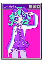 a picture of a girl with green hair and a purple jacket that says lost media