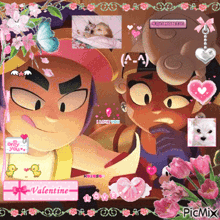 a couple of cartoon characters standing next to each other surrounded by flowers and hearts with the words valentine on the bottom right