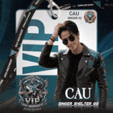 a man wearing sunglasses and a lanyard that says cau on it