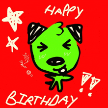 a drawing of a green dog with the words happy birthday below it