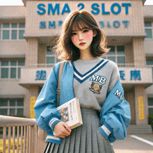 a girl standing in front of a building that says sma slot