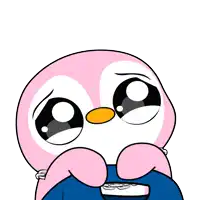 a pink penguin with a sad look on his face