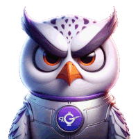 a cartoon owl is wearing a silver and purple outfit with a purple g on it